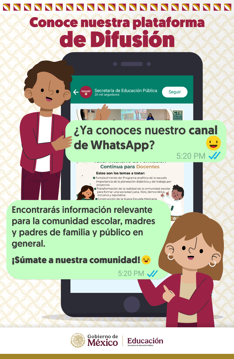 SEP_mx's tweet photo. ¿Ya eres parte de nuestro canal de difusión en WhatsApp? 📱📩

✅ Recibe información importante para la comunidad escolar y el público en general.

¡Únete ahora y mantente informado! ➡️ https://t.co/dHTsrqYFYq https://t.co/q0fBY7dSTT