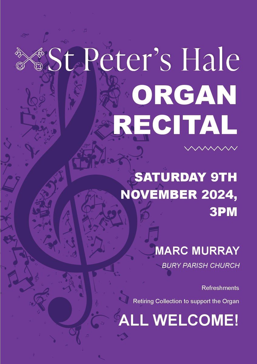 Saturday, 9th November at 3.00pm I will be playing an organ recital at St Peter's Church, Hale, Harrop Road, Hale, WA15 9BU Free entry with refreshments following the recital.  Programme includes works by J S Bach, Rinck, Meirion Wynn Jones and Louis James Alfred Lefébure-Wély.