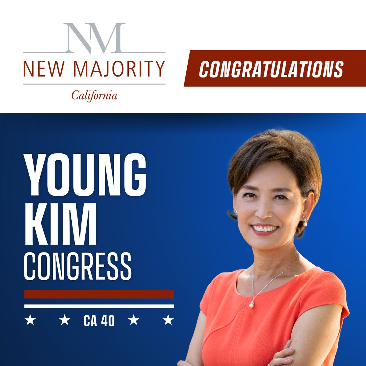 NewMajorityCA's tweet photo. Congratulations on your re-election, @YoungKimCA !!  The people of  California's 40th CD are lucky to have you!  We are grateful for your leadership and service to our community! #Election2024 #CD40 https://t.co/V8H5Mg8XnF