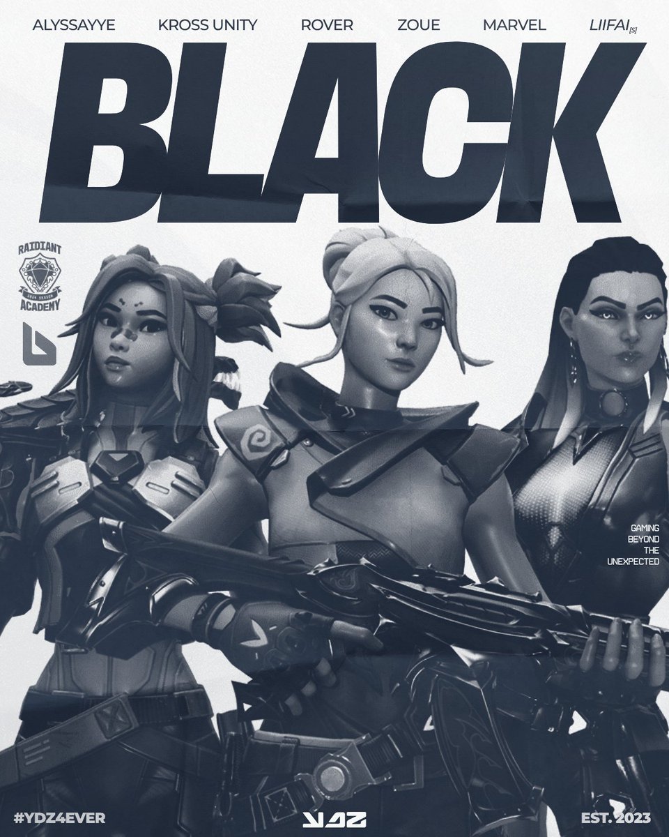 YDZEsports's tweet photo. #YDZBlack hit Top 16 twice—tomorrow... they'll be the ones setting the record higher 🐦‍⬛

📓@krossvalorant
📓@alyssayye 
📓@rovervlr 
📓@EhZoue 
📓@Rebs9090 
📓@liifai ⁽ˢ���ᵇ⁾ 

💼 @HyperVal_ 
📋 @ShadyyVAL 

#YDZ4EVER | #RaidiantAcademy @RaidiantGG https://t.co/QpTLyZCJ0d