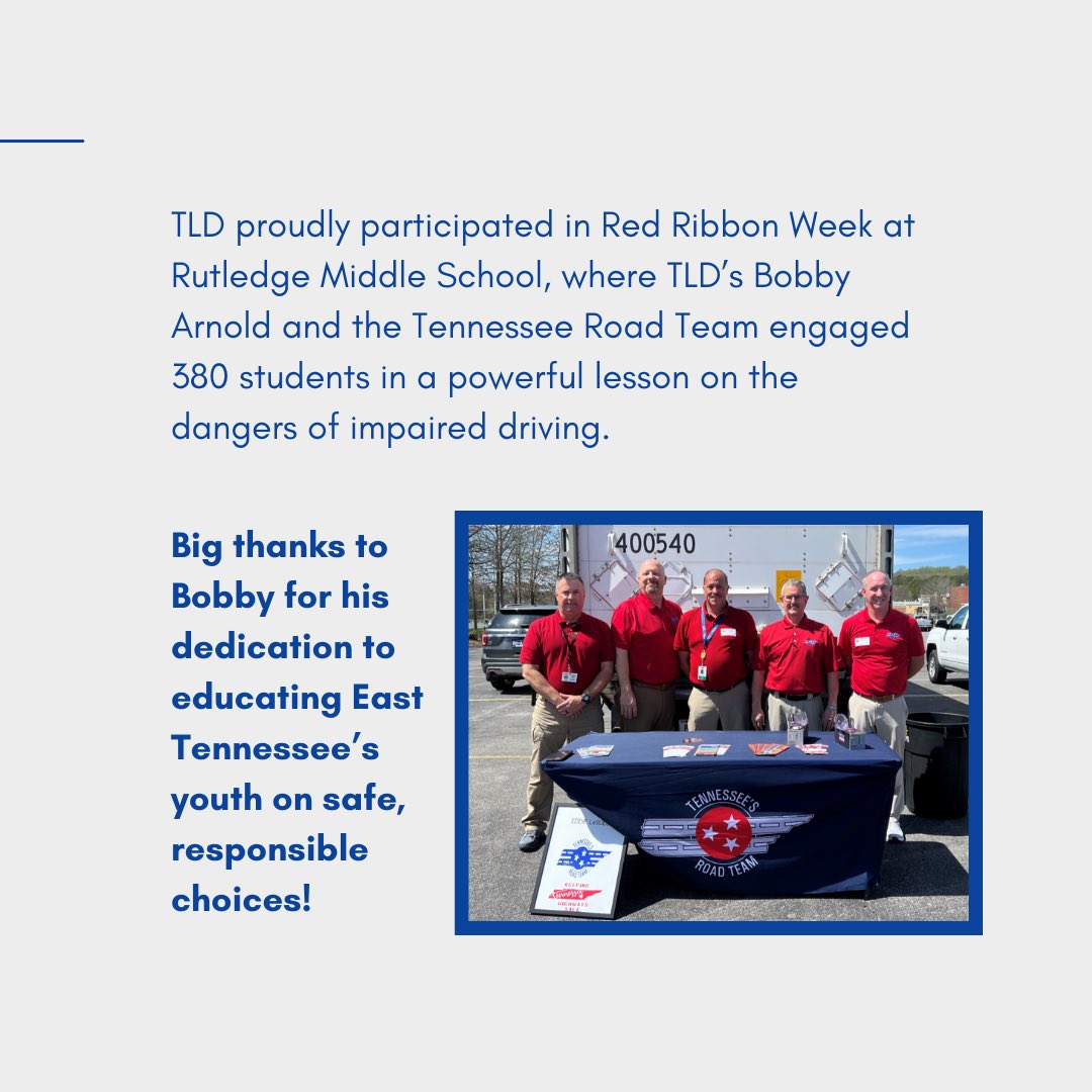 Drive4TLD's tweet photo. TLD proudly participated in Red Ribbon Week at Rutledge Middle School, where TLD’s Bobby Arnold and the Tennessee Road Team engaged 380 students in a powerful lesson on the dangers of impaired driving. https://t.co/furIYrnWgN