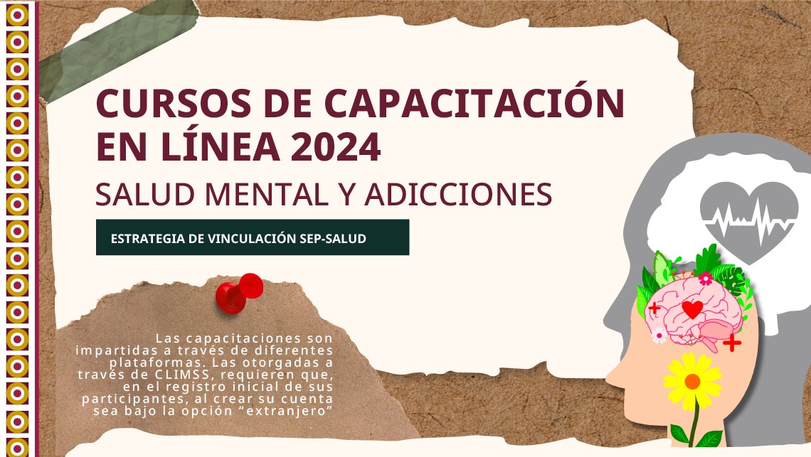 SEP_mx's tweet photo. 🌟🧠💚 Mejora tu bienestar emocional con nuestros Cursos de Capacitación en Línea 2024 sobre "Salud Mental y Adicciones".

Al finalizar, obtendrás una constancia. 📜

📝 Inscríbete aquí: ➡️ https://t.co/vab0w7K1oy https://t.co/0YbR7pT55p