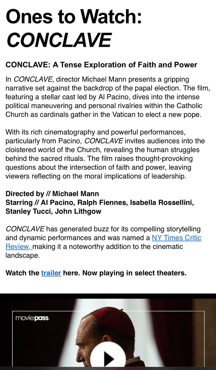 RobLederer_'s tweet image. Really @MoviePass? No one reviews this clearly AI-generated content before it goes out? Al Pacino and Michael Mann had nothing to do it with @conclavethefilm