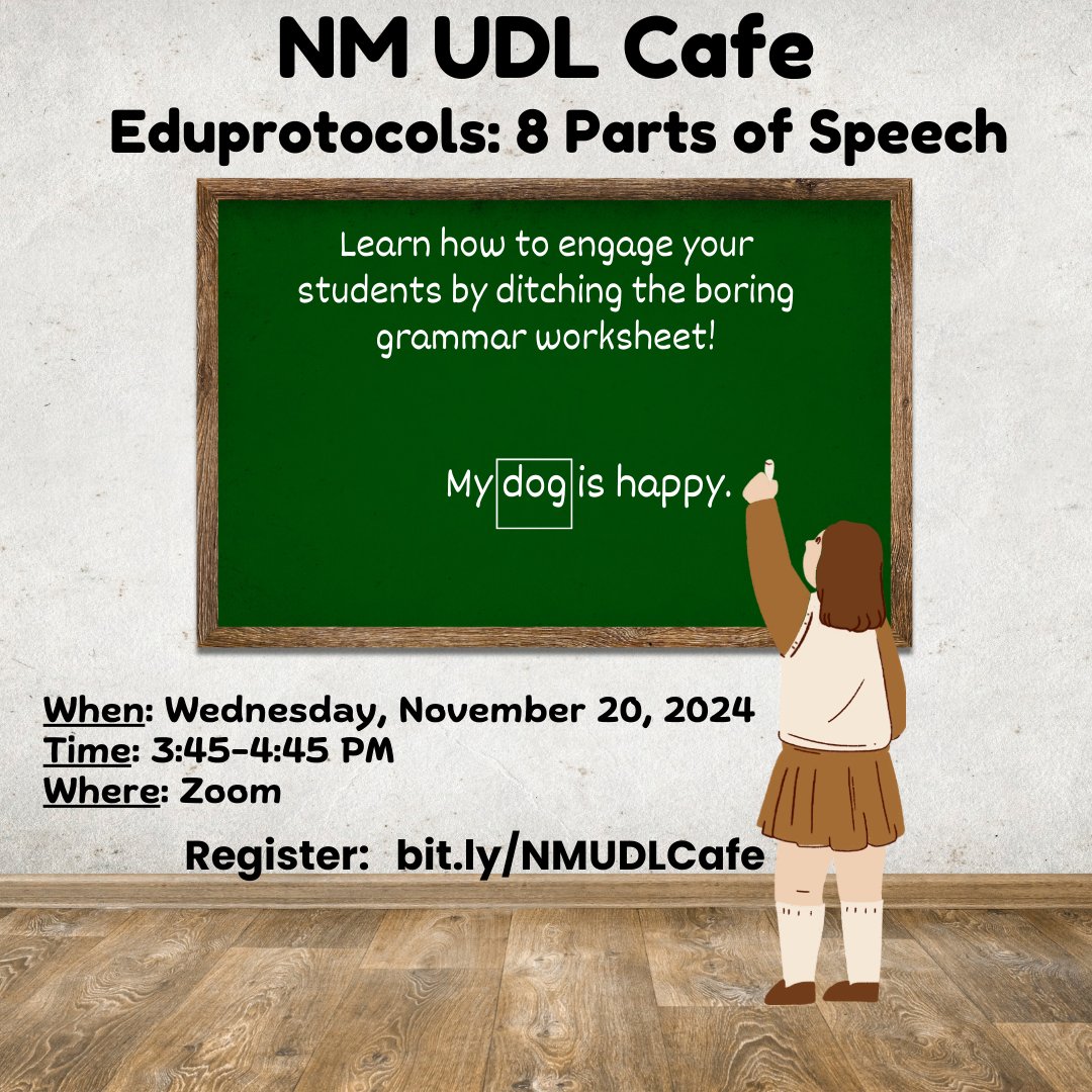 📚 Exciting news for educators! Join us at the NM UDL Cafe to dive into Eduprotocol’s 8 Parts of Speech 🌟
🗓️ When: Wednesday, November 20, 2024
⏰ Time: 3:45 - 4:45 PM MT
📍 Where: Zoom
Register here ➡️bit.ly/NMUDLCafe #nmudl <a href="/eduprotocols/">@EduProtocols</a>