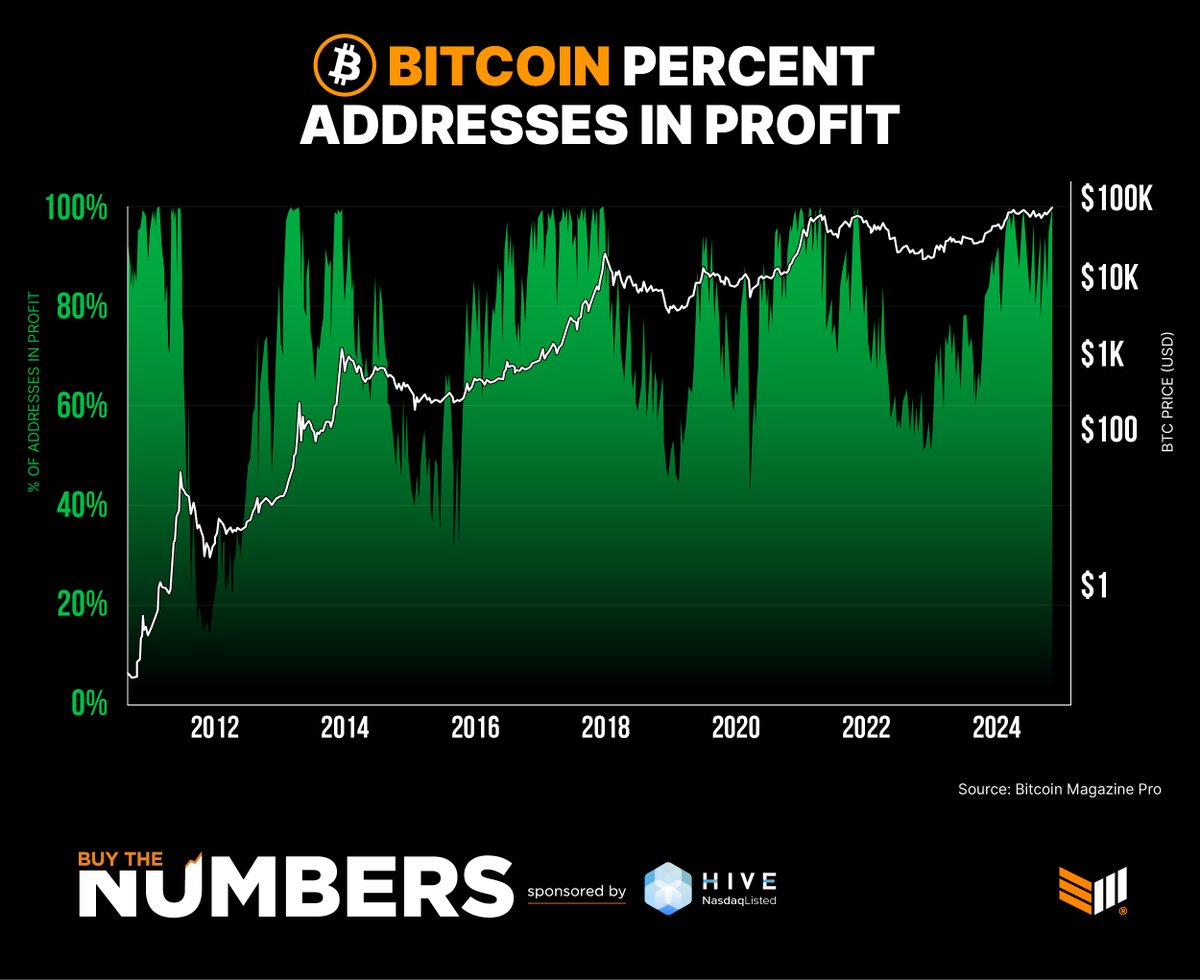 BitcoinMagazine's tweet photo. JUST IN: 99.95% of #Bitcoin addresses are now in profit 🚀 

Bullish 🐂 https://t.co/IqNEDcKKqh