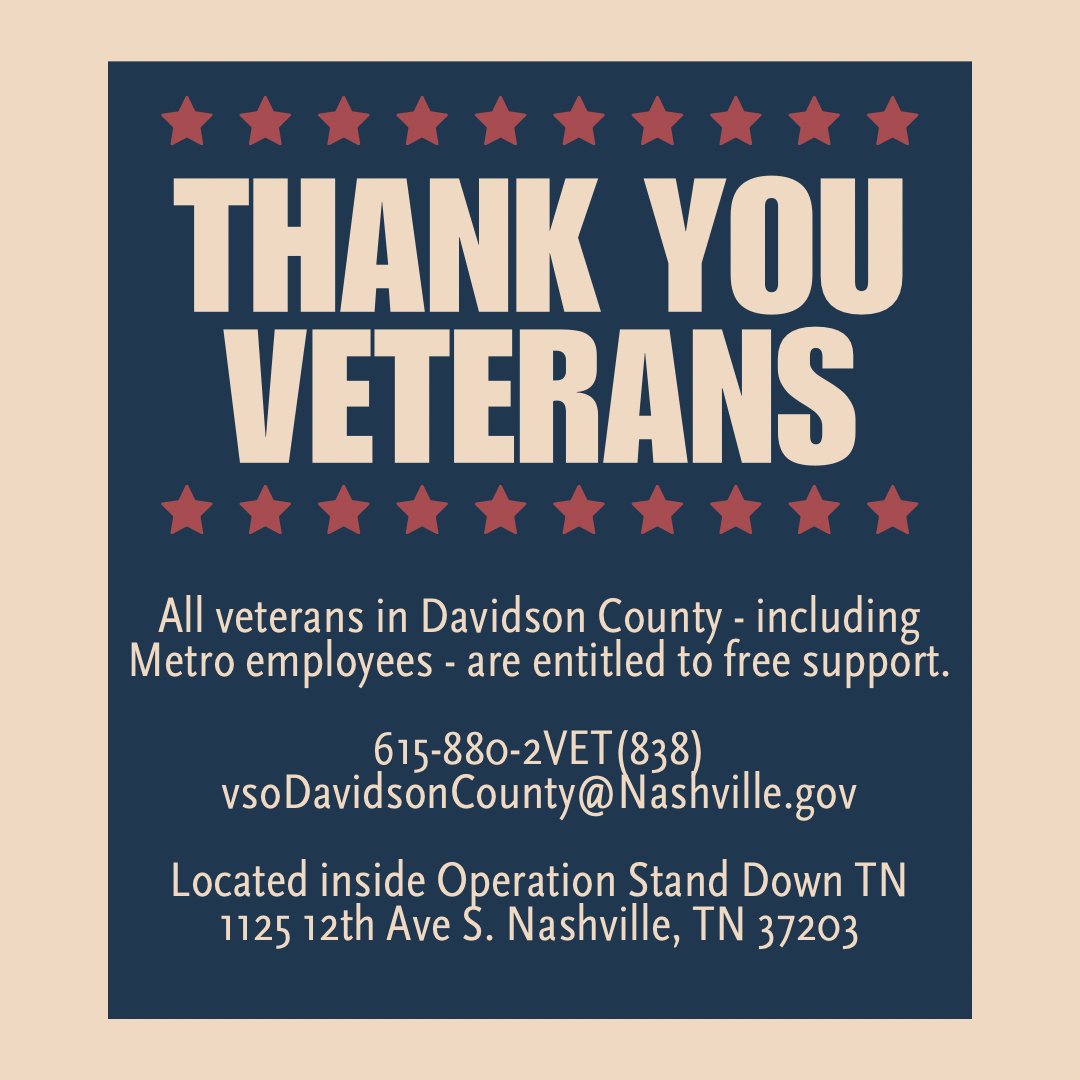 As we approach Veterans Day Monday, thank you to all those who so selflessly served in the United States Armed Forces! There are 32,958 Veterans living in Davidson County and 432 Metro employees are Veterans. Free resources are available. 🇺🇸