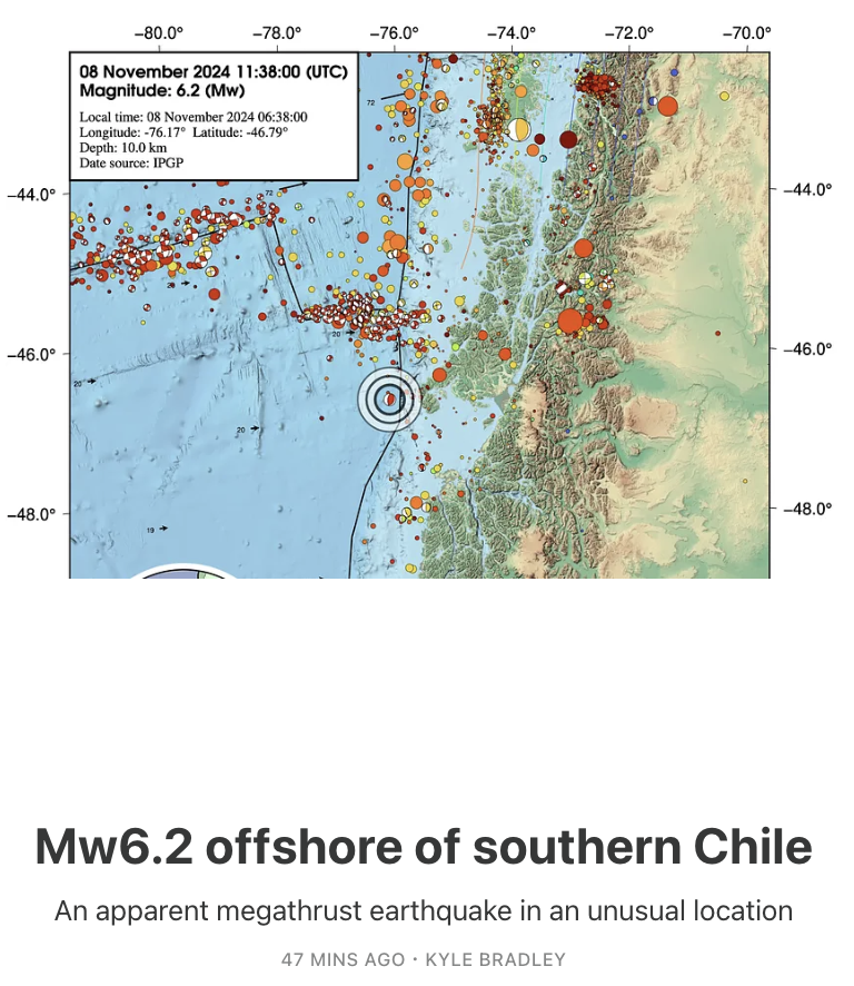 A M6.2 earthquake struck offshore southern Chile earlier today. The location: near a triple junction, where the spreading center dividing the Nazca and Antarctic Plates subducts beneath South America. What's going on down there?

Read more on our blog; link in my bio.