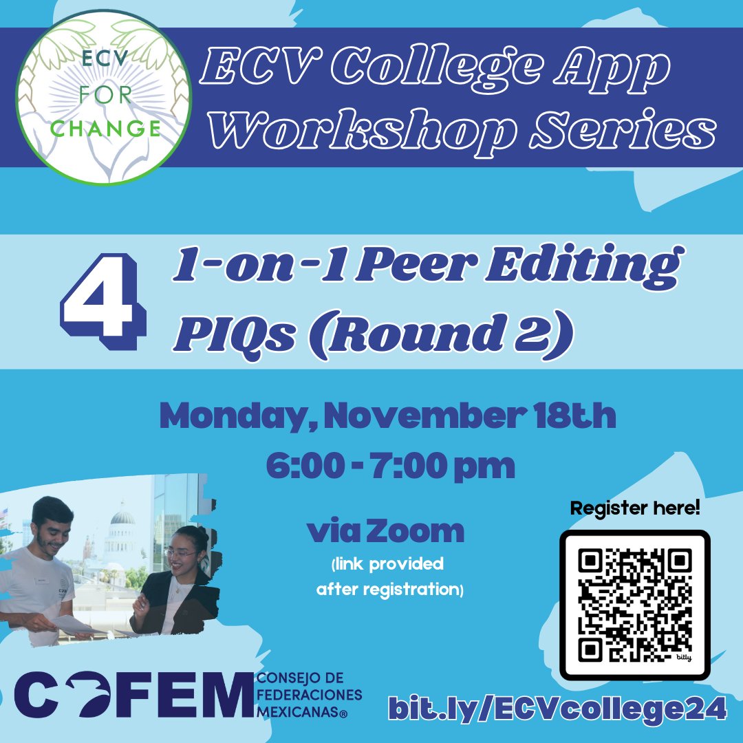 ecv4change's tweet photo. The FINAL session of our #CollegeAppWorkshopSeries is around the corner! ⌚️

Attend our workshop to collaborate with @ecv4change, @cofem, #FirstGen scholars &amp; professionals to strengthen your PIQ statements for #collegeapps! 🌱💪 

via Zoom 💻
Monday, Nov 18th at 6pm https://t.co/MmFjZCrubT
