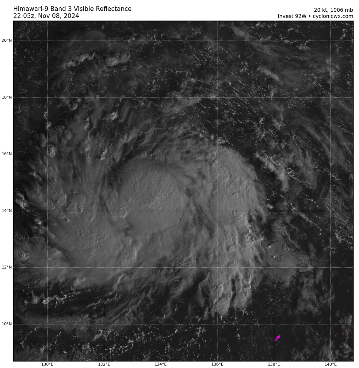 NYFitz_WX's tweet photo. Sunrise over Invest #92W brings a quite obvious "TC" look. Well defined curved banding noted to the West along with very intense, cold central CB activity pushing -85C+ over an evidently tight LLC. Not sure why JTWC has budged from a "medium chance" marking.

#tropics #wxtwitter https://t.co/TJsSMxDqL1