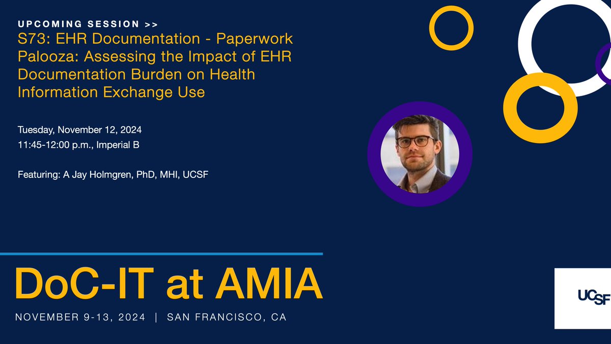 UCSF DoC-IT (@ucsf_docit) on Twitter photo Up next at 11:45 a.m.: <a href="/AJHolmgren/">A Jay Holmgren</a> will present his work with <a href="/j_r_a_m/">Julia Adler-Milstein</a> & <a href="/NateApathy/">Nate Apathy</a> on how excessive documentation time reduces health information exchange (HIE) use and disrupts clinician workflows. #AMIA2024 #Interoperability #HIE
Full details: docit.ucsf.edu/events/2024-am… Up next at 11:45 a.m.: <a href="/AJHolmgren/">A Jay Holmgren</a> will present his work with <a href="/j_r_a_m/">Julia Adler-Milstein</a> & <a href="/NateApathy/">Nate Apathy</a> on how excessive documentation time reduces health information exchange (HIE) use and disrupts clinician workflows. #AMIA2024 #Interoperability #HIE
Full details: docit.ucsf.edu/events/2024-am…