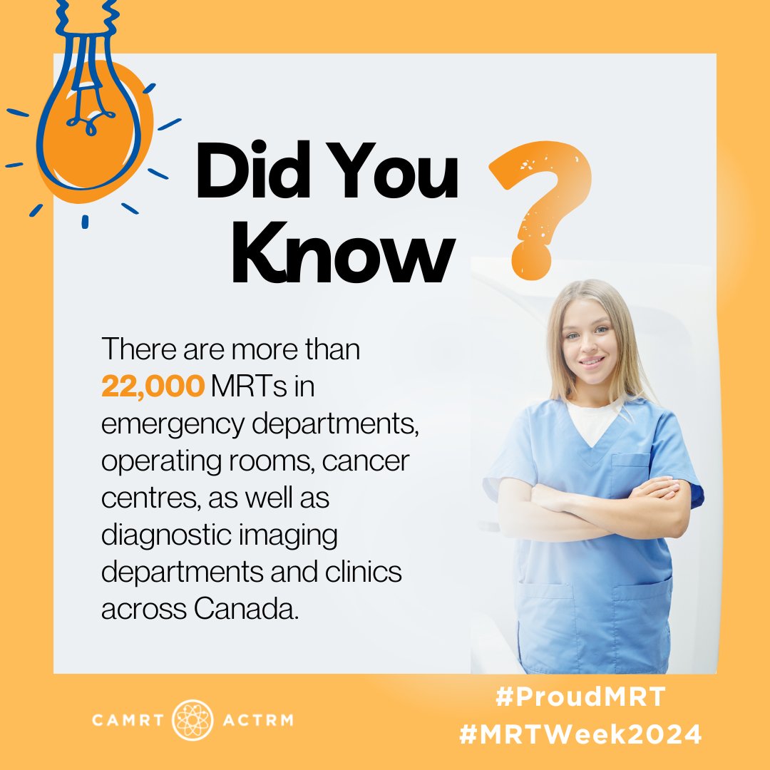 CAMRT_ACTRM's tweet photo. MRTs are essential to our healthcare system. Over 22,000 MRTs across Canada deliver critical services—from lifesaving radiation therapy for cancer patients to operating advanced imaging technologies like CT, PET, MRI, and X-ray machines. https://t.co/lHSm959VU0