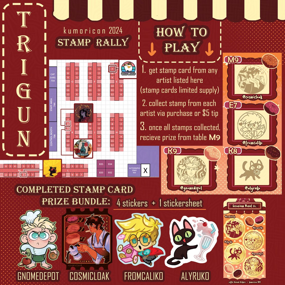 alyruko's tweet image. I’m at #Kumoricon this weekend at table k8! I’m also in a trigun stamp ralley with @cosmicloak @FromCaliko and @/ gnomedepot ✨