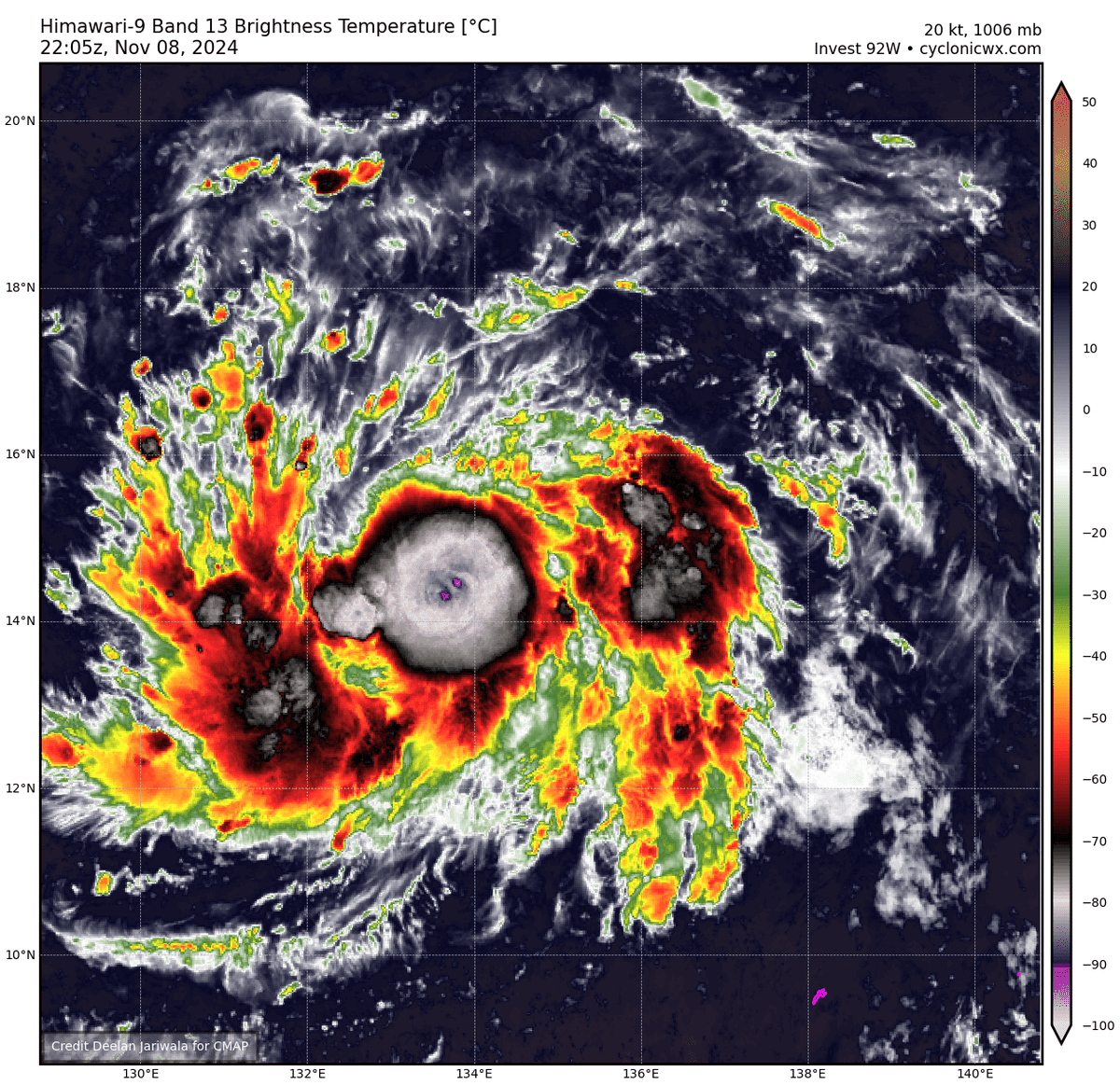 NYFitz_WX's tweet photo. Sunrise over Invest #92W brings a quite obvious "TC" look. Well defined curved banding noted to the West along with very intense, cold central CB activity pushing -85C+ over an evidently tight LLC. Not sure why JTWC has budged from a "medium chance" marking.

#tropics #wxtwitter https://t.co/TJsSMxDqL1