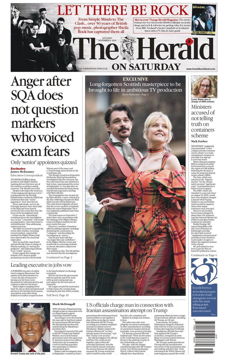Mike McKenzie (@broadsheetmike) on Twitter photo Went a bit wild with <a href="/heraldscotland/">The Herald</a> front to give a mighty <a href="/TeddyJamieson/">Teddy Jamieson</a> piece on hero photographer Sheila Rock a proper show. We've got exclusives from <a href="/MrMcEnaney/">James McEnaney</a> on exam chaos and <a href="/kmckenna63/">Kevin McKenna</a> with an intriguing telly hit. Busy wee day that. Went a bit wild with <a href="/heraldscotland/">The Herald</a> front to give a mighty <a href="/TeddyJamieson/">Teddy Jamieson</a> piece on hero photographer Sheila Rock a proper show. We've got exclusives from <a href="/MrMcEnaney/">James McEnaney</a> on exam chaos and <a href="/kmckenna63/">Kevin McKenna</a> with an intriguing telly hit. Busy wee day that.
