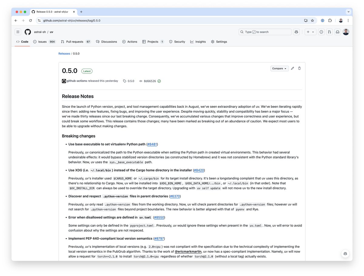 uv 0.5.0 is out now 🚢🚢🚢

We did 30 releases without a breaking change, so this release contains a handful of them that we've accumulated over the past few months.

Many aimed at improving correctness.