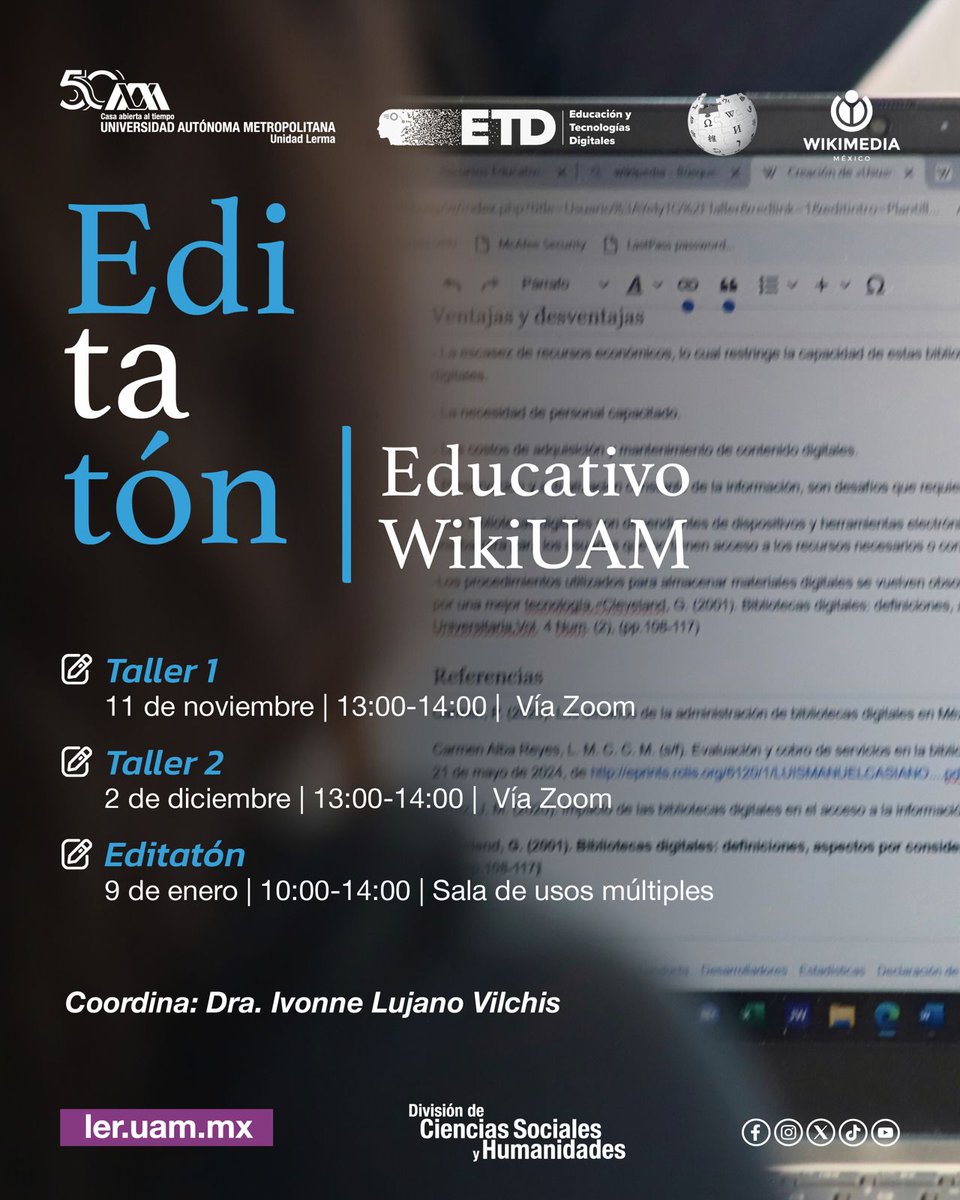 ¡Tendremos #editatón educativo en la <a href="/UAM_Lerma/">UAM-Lerma</a> en colaboración con <a href="/Wikimedia_mx/">Wikimedia México</a>! #recursoseducativos #conocimientoabierto