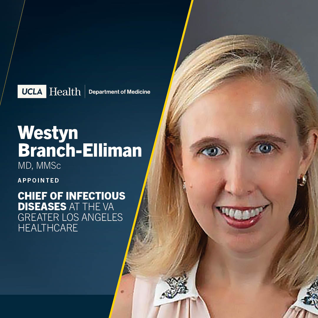 Department of Medicine at UCLA Health (@dom_ucla) on Twitter photo We're excited to announce the appointment of Dr. Westyn Branch-Elliman as chief of infectious diseases at the <a href="/LosAngelesVA/">VA Greater Los Angeles Healthcare System</a>. Learn about her impactful leadership and clinical research in infection prevention and antimicrobial stewardship at uclahs.fyi/3OlnkXP We're excited to announce the appointment of Dr. Westyn Branch-Elliman as chief of infectious diseases at the <a href="/LosAngelesVA/">VA Greater Los Angeles Healthcare System</a>. Learn about her impactful leadership and clinical research in infection prevention and antimicrobial stewardship at uclahs.fyi/3OlnkXP