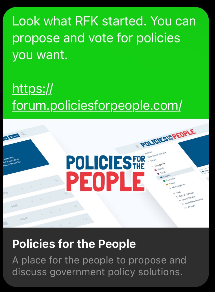 Look what <a href="/RobertKennedyJr/">Robert F. Kennedy Jr</a> started. You can propose and vote for policies you want. 

forum.policiesforpeople.com