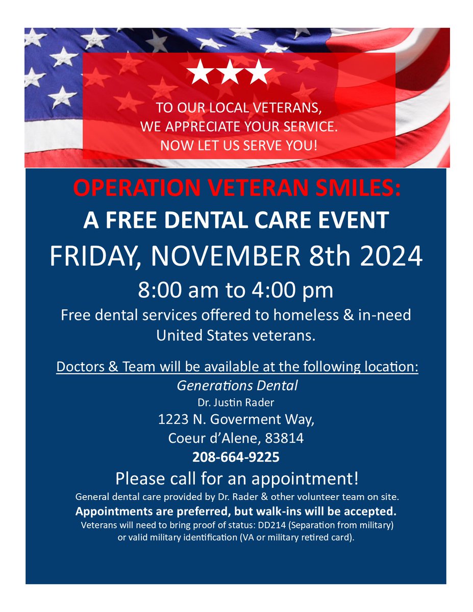 GenerationDent's tweet image. Operation Veteran Smiles was a great success today once again! We helped in need Veterans with free dental work. Thank you to all Veterans and Thank you for all the great support from the volunteers and team today!
GenerationsDentalCDA.com
