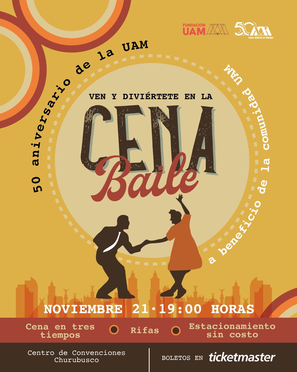 ¡Este 21 de noviembre celebremos los 50 años de la Casa abierta al tiempo! Únete a la CENA-BAILE de la Fundación UAM, que será a beneficio de la comunidad universitaria.
.
🎟️ Compra tus boletos y asegura tu lugar en esta histórica velada, llena de recuerdos, música y premios.
🌐