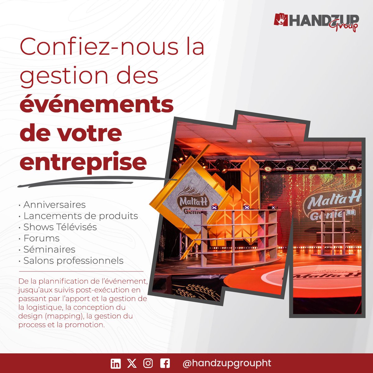 Faites le choix de Handzup Group pour vos événements Corporate. Plus de 15 ans sur le marché, nous vous garantissons l'excellence grâce à une expertise que vous ne trouverez nulle part ailleurs.

#HandzupGroup #CorporateEvent #Haiti #Event #EventPlanning #Logistics