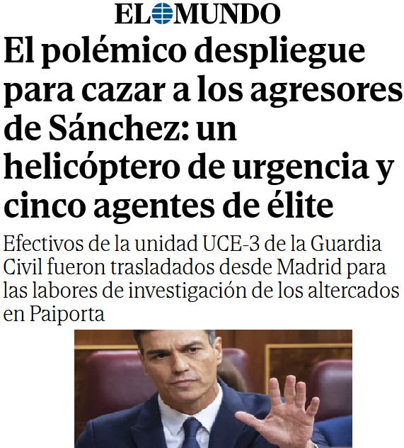 -A Rajoy le dieron un puñetazo, le dejaron heridas en la cara y le rompieron las gafas. Ni denunció.

-A Sánchez le persiguieron con una escoba sin llegar a tocarle. Helicóptero, unidades de élite y 'agresores' tratados como terroristas.

"El gobierno de la gente"