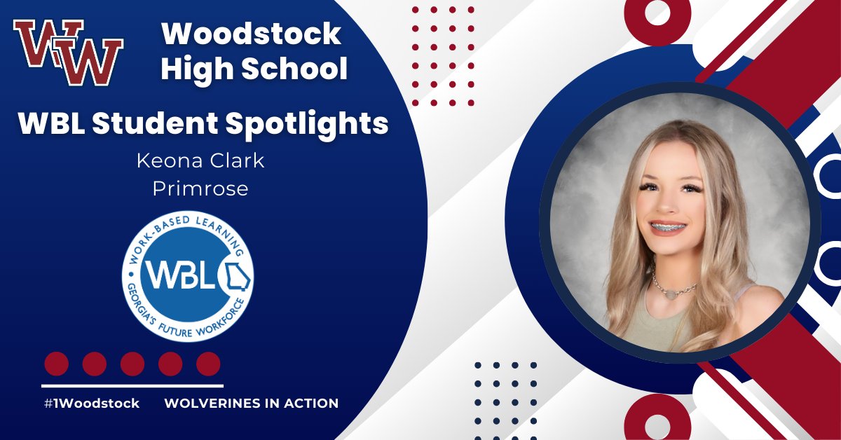 The WBL Student Spotlight this week is Keona Clark! Keona works with students at Primrose at Sixes Road and does an amazing job! Keona is working on her skills that will lead to a great career as a future educator! Congratulations Keona! #1Woodstock #WHSWBL #Wolverinesatwork