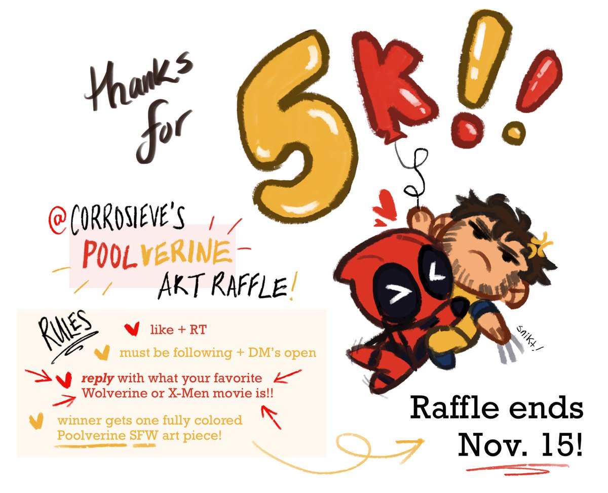 corrosieve's tweet photo. thank you guys for 5k!! 🎊🎊 to celebrate i’d like to do a little poolverine raffle, all the rules are in the pic below ⬇️ i will be selecting the winner randomly, good luck! https://t.co/4Hesha02jA