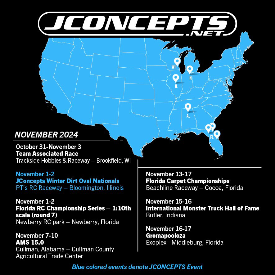 JConcepts's tweet image. JConcepts would like to announce the latest racing and events calendar for November of 2024. State, regional, national, and world events are happening throughout the month which will feature JConcepts team members, representatives, and ambassadors.  #jconcepts