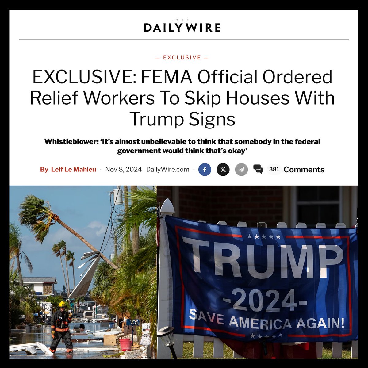 FmrRepMattGaetz's tweet photo. BREAKING: Whistleblower reveals FEMA officials in Florida were instructed to bypass hurricane-damaged homes that showed support for President Trump!

This is unconscionable discrimination, and Congress MUST INVESTIGATE! https://t.co/ueQbdMNJOR