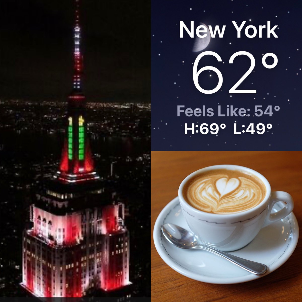 CorinnePulitzer's tweet photo. Sunset was at 4:44PM &amp; #NYers are ready for a cool down tomorrow. The @EmpireStateBldg is lit in Red &amp; White w an Xmas Tree Swirling on the mast in celebration of #TheChristmasSpectacular @RadioCity as #CoffeeFans celebrate #NationalCappuccinoDay🍮 @NationalDayCal @HeyWhatDay https://t.co/4lPZ0epOXI