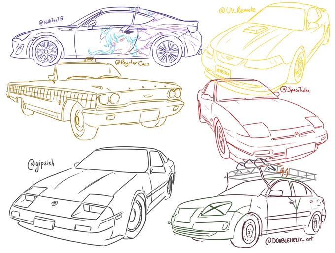 some of y'all really have great cars! here's some of the ones I wanted to draw ( I couldn't do everyone lmao)
 
featuring (from left to right then up to down)
@MilkTeaTiff @UV_Remote 
@regularcars @SpaceTrolha 
@yipsish @DOUBLEHELIX_art 