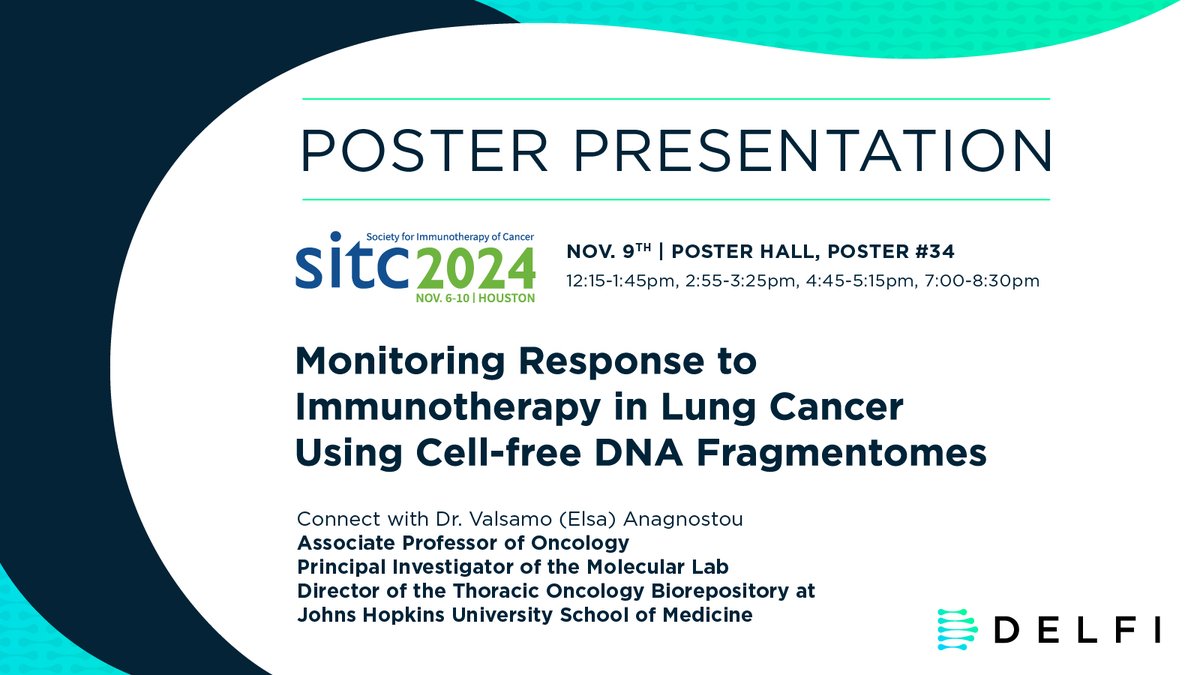 DELFI Diagnostics (@delfidiagnostic) on Twitter photo Attending #SITC? Stop by poster 34 in the Poster Hall on Sat. 11/9 from 12:15-1:45 pm, 2:55-3:25 pm 4:45-5:15 pm, and 7-8:30 pm to hear <a href="/ValsamoA/">Elsa Anagnostou</a> from <a href="/hopkinskimmel/">Johns Hopkins Kimmel Cancer Center</a> present the poster "Monitoring response to immunotherapy in lung cancer using cell-free DNA fragmentomes.” Learn Attending #SITC? Stop by poster 34 in the Poster Hall on Sat. 11/9 from 12:15-1:45 pm, 2:55-3:25 pm 4:45-5:15 pm, and 7-8:30 pm to hear <a href="/ValsamoA/">Elsa Anagnostou</a> from <a href="/hopkinskimmel/">Johns Hopkins Kimmel Cancer Center</a> present the poster "Monitoring response to immunotherapy in lung cancer using cell-free DNA fragmentomes.” Learn