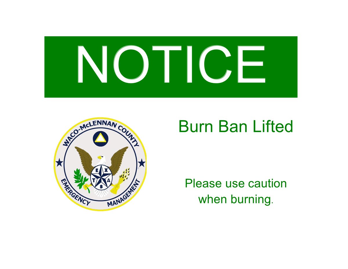 The McLennan County outdoor burn ban is lifted effective Friday, November 8, 2024. 

Please use caution when burning.