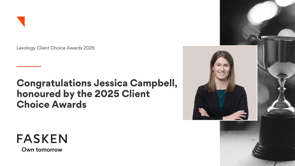 FaskenLaw's tweet photo. Congrats to Jessica Campbell, #Fasken lawyer & winner of a Lexology 2025 #ClientChoiceAward in #Litigation! The award highlights Jessica’s ongoing commitment to her clients & their work, delivering excellent & practical legal service, & her unwavering client-first approach. https://t.co/v0wh4dwsmW