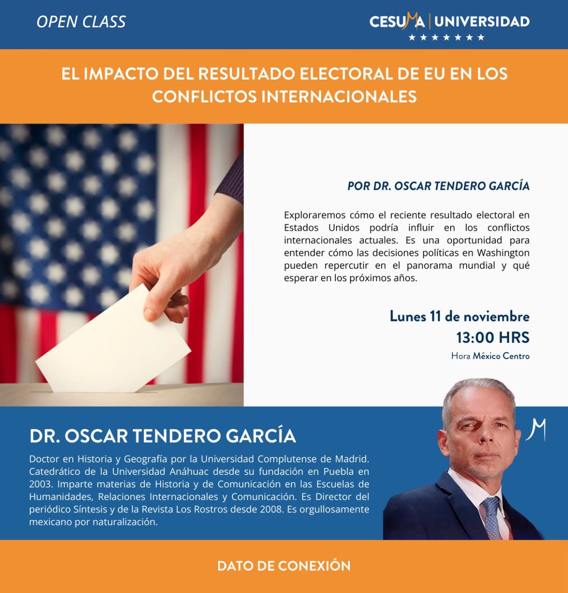 ¡No te pierdas nuestra Open Class en Universidad CESUMA! 🌍💬 Descubre el impacto de las elecciones de EE.UU. en conflictos internacionales. Escribe ASISTIR y recibe el link. 🗓 Lunes 11/11, 13:00 hrs (CDMX) 🎙 Con el Dr. Oscar Tendero García. #UniversidadCESUMA #NewWorldOrder