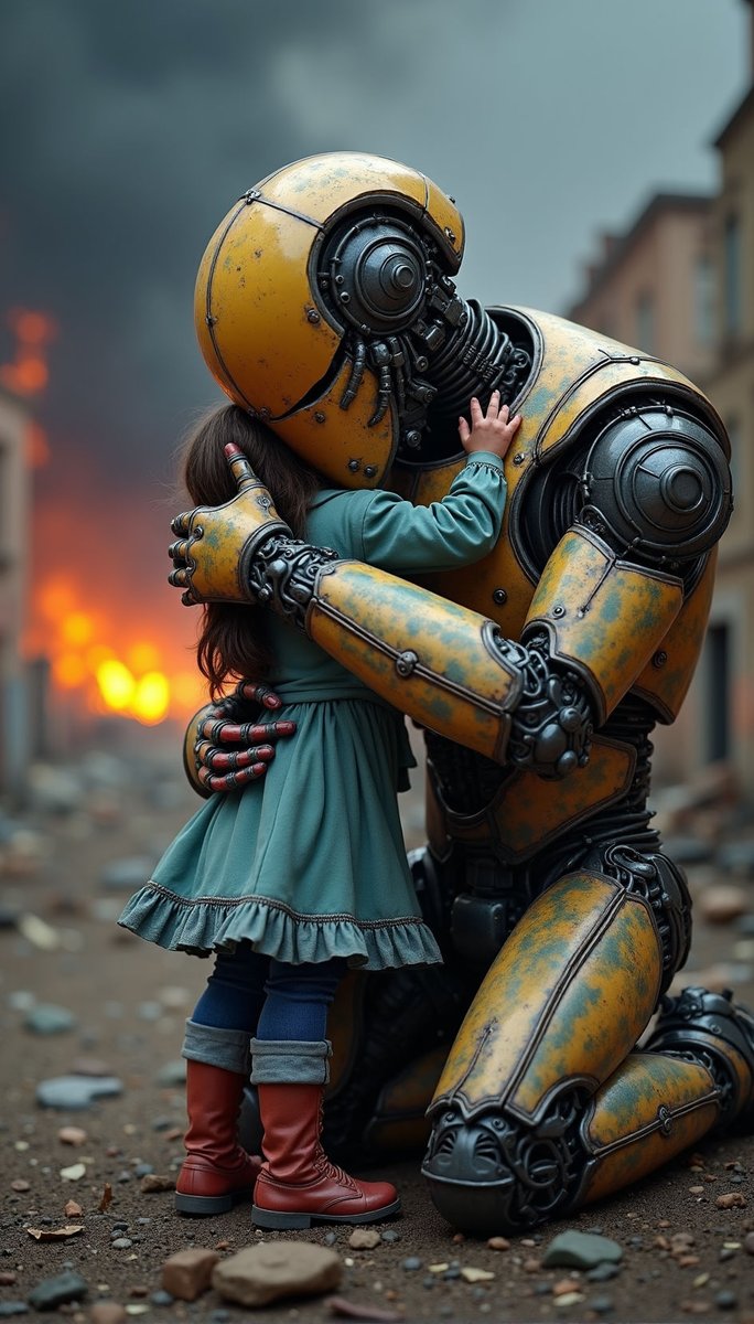 zirooo's tweet photo. Could it be that our greatest comfort  comes from an unexpected source? , offering solace where humanity’s chaos prevails? Can a robotic embrace mend more than just wounds? - #futurism #robotics #scifiart #flux1 #StableDiffusion #AIArtwork #aiartcommunity #AIart https://t.co/QffsiuT67I