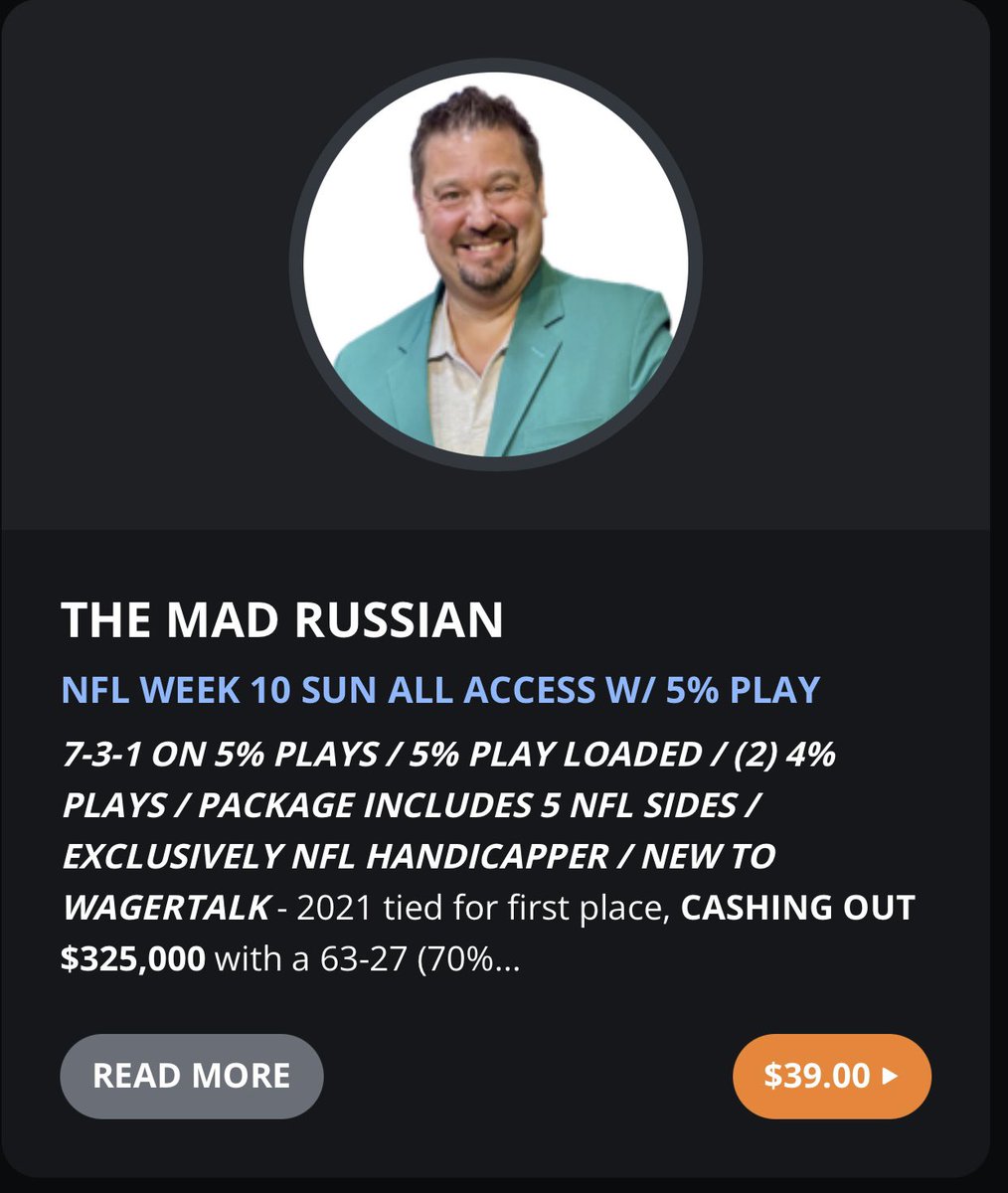 MadRussianNFL's tweet image. Just finalized my Week 10 NFL card.  My @WagerTalk package includes MY FAVORITE 5% PLAY OF SEASON SO FAR (7-3-1 on 5% plays), (2) 4% Plays and (2) 3% Plays.  Use Promo: MAD20 for 20% off.  Let’s have a big week!  Head over to wt.buzz/mr