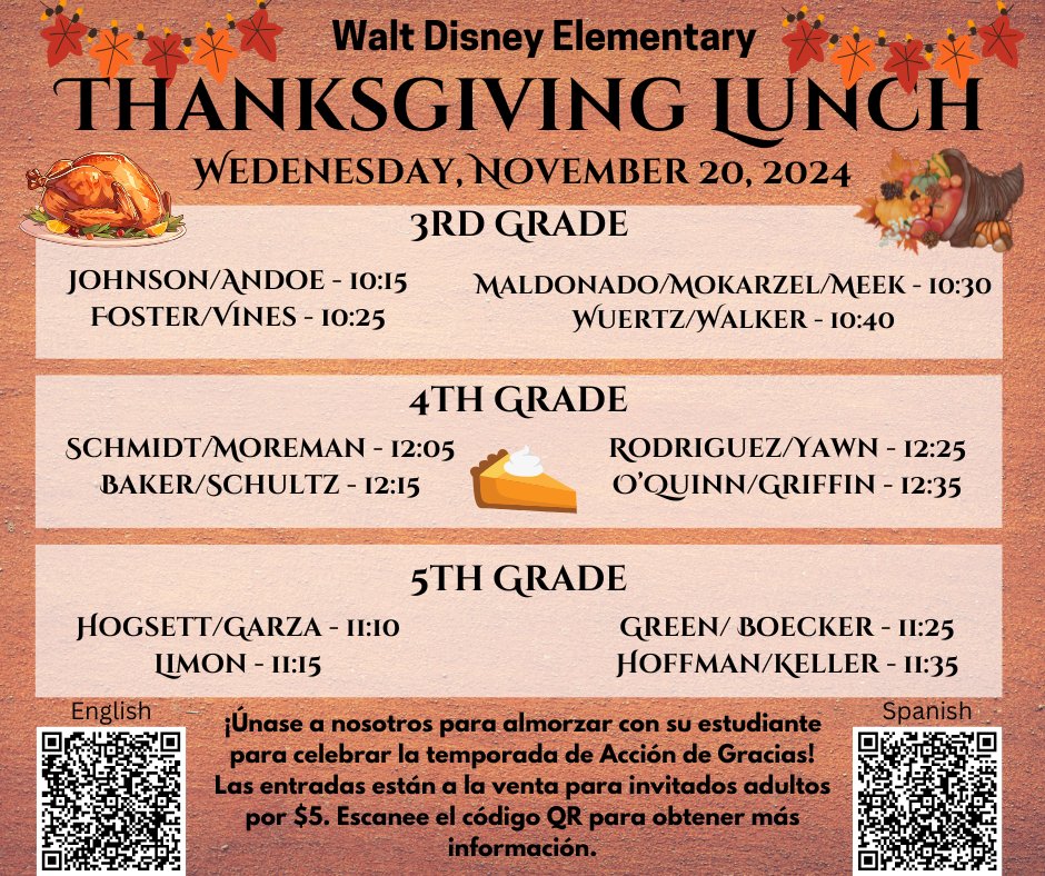 Save the Date and Time!

Here is our Thanksgiving Lunch schedule for  Wednesday, November 20th. Tickets are available for $5 for guests. You can scan the QR code for more information and forms.