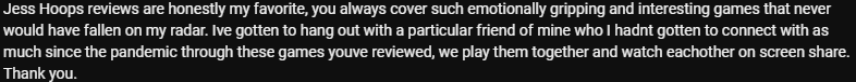 PrettyGrimGames's tweet photo. Quite possibly the nicest YouTube comment I've ever received 😭 https://t.co/XThFtr8yks