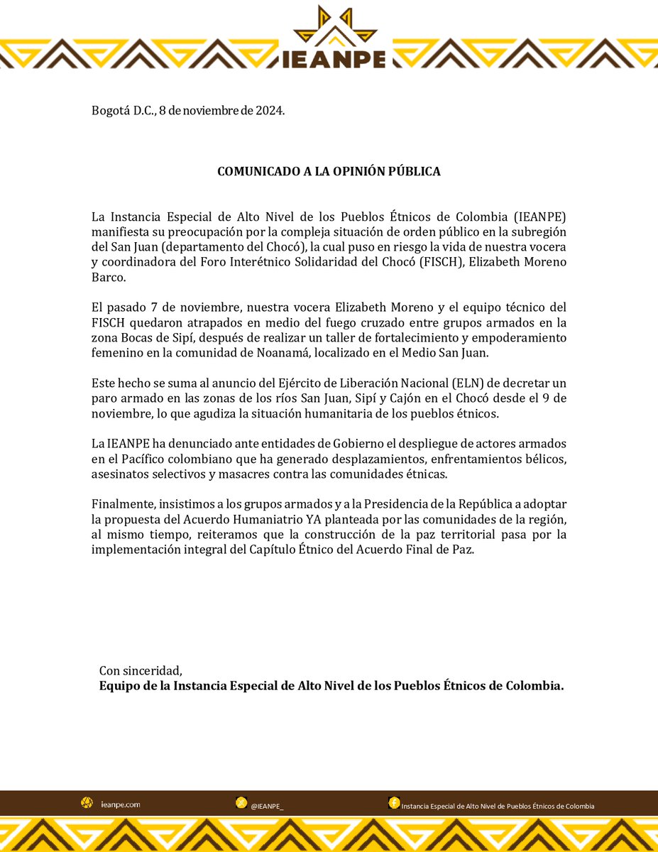 #IEANPEComunica📢|| Nuestra vocera en la subregión #Chocó, Elizabeth Moreno Barco, fue víctima del despliegue de actores armados. 

Conoce los detalles y comparte el comunicado 
👇🏾👇🏾