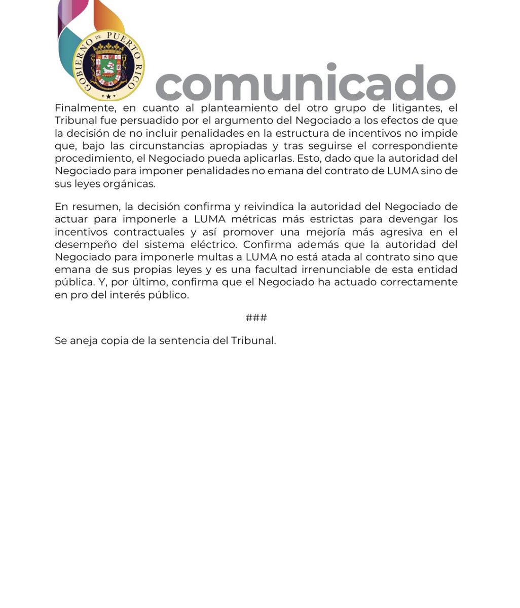 #NEPR

[Comunicado de Prensa] Tribunal de Apelaciones rechaza argumentos de varios litigantes confirmando decisión del Negociado de Energía sobre estructura de incentivos en contrato de LUMA.