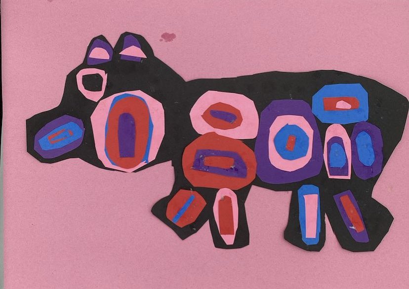 Inspired by the work of Indigenous artist <a href="/NorvalMofficial/">Official Norval Morrisseau</a> our cub artists in 3rd grade used simple shapes to draw their own bear for their work! Then using organic shapes they filled their work with layered analogous colors.  #artmatters #collageart <a href="/HaysFineArts/">Hays CISD Fine Arts</a> <a href="/HaysCISD/">Hays CISD</a>