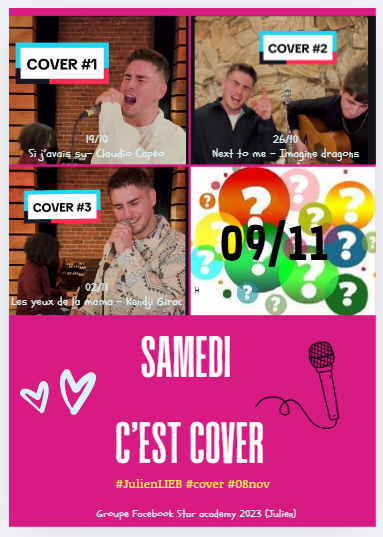 JulienLiebApres's tweet photo. #julienLieb #demaincestcover #09nov #guesssong
Le samedi c'est cover ! Cover 4 une petite idée peut-être ? https://t.co/dZg92hFXZ1