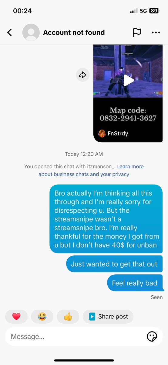 Yeah nice I’m trying to say sorry to Manson but he’s just ignoring me and blocking me everywhere. I feel bad for what I’ve done and wanted to say sorry on TikTok DMs but he instantly blocks me.