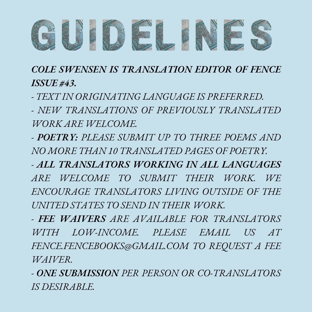 FenceBooks's tweet image. FENCE is open for poetry translation submissions through TODAY, November 8 at midnight Eastern, 11:00 PM Central, 9:00 PM Pacific, 2:00 AM in Buenos Aires, 6:00 AM in Algiers &amp;amp; Ljubljana, 7:00 AM in Beirut, 8:00 AM in Nairobi, 3:00 PM in Beijing... 📖

fence.submittable.com/submit 💫