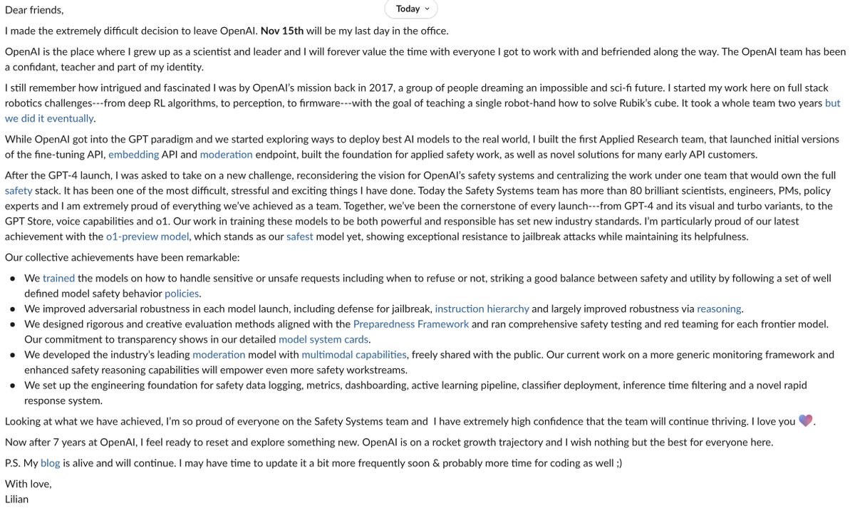 lilianweng's tweet image. After working at OpenAI for almost 7 years, I decide to leave. I learned so much and now I'm ready for a reset and something new.
Here is the note I just shared with the team. 🩵