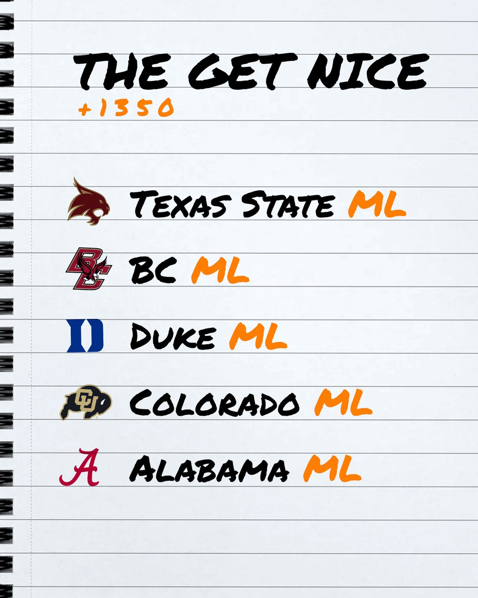 I have not hit a Saturday CFB Get Nice since Week 3. 
5 of them have missed by one leg since then. All +1250 or longer. 

But this one … this one feels too good.
I WANT THIS SO BAD.

Let’s get nice tomorrow 🫡