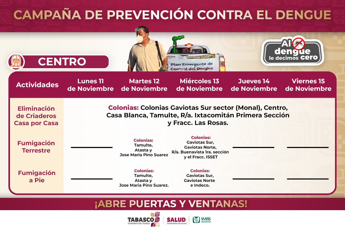 #INFORMATE 🚨 

Del 11 al 15 de noviembre continuamos fortaleciendo los operativos de fumigación terrestre y eliminación de criaderos de mosquitos transmisor del #dengue 🦟 casa por casa en los 17 municipios del Estado. #AlDengueLeDecimosCero #GobiernoDelPueblo