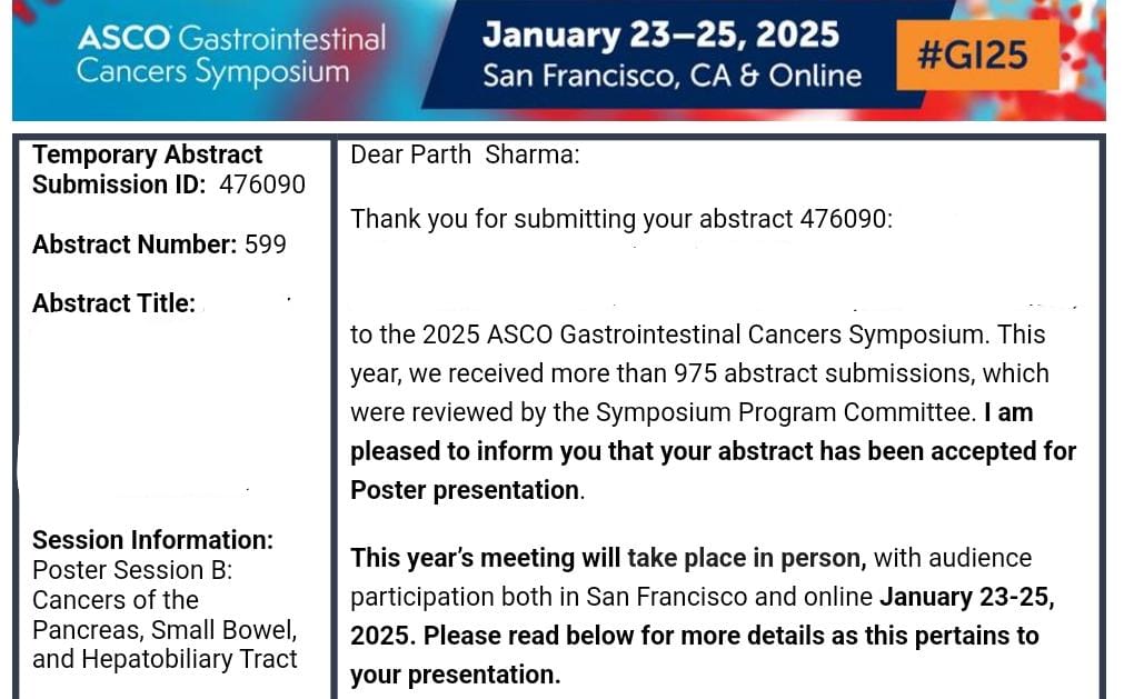 Parth Sharma (@parthdsharma) on Twitter photo Thrilled to share that our research project has been accepted for poster presentation at #ASCOGI25!!!
Grateful to my mentor <a href="/MarcRothMD/">Marc Roth</a> for his support and guidance.
<a href="/ASCO/">ASCO</a> <a href="/umkcIM/">UMKC Internal Medicine Residency Program</a> <a href="/SLCI_KC/">Saint Luke's Cancer Institute</a>
#hemoncaspirant
#CancerResearch Thrilled to share that our research project has been accepted for poster presentation at #ASCOGI25!!!
Grateful to my mentor <a href="/MarcRothMD/">Marc Roth</a> for his support and guidance.
<a href="/ASCO/">ASCO</a> <a href="/umkcIM/">UMKC Internal Medicine Residency Program</a> <a href="/SLCI_KC/">Saint Luke's Cancer Institute</a>
#hemoncaspirant
#CancerResearch
